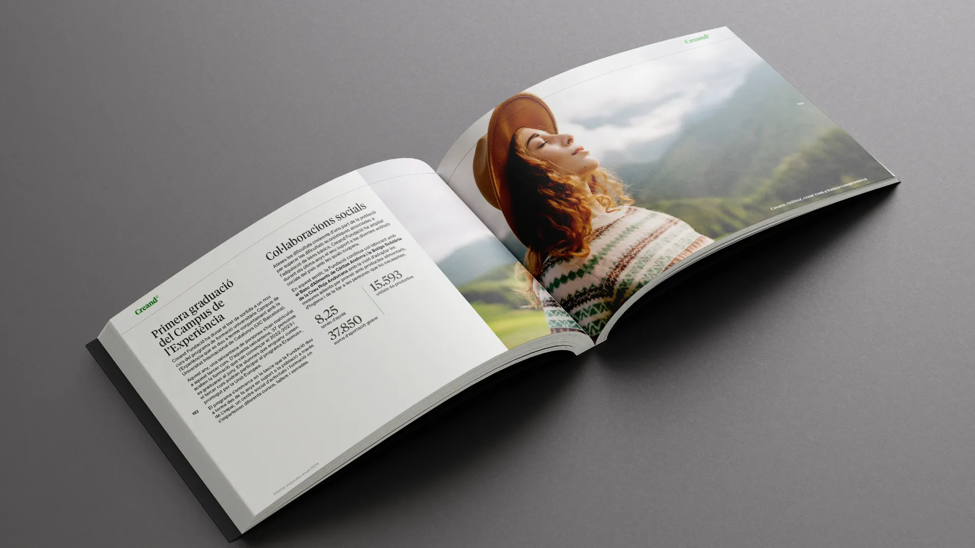 Interior del informe Creand con fotografía de mujer pelirroja mirando al horizonte y página izquierda con datos y texto sobre colaboraciones sociales.