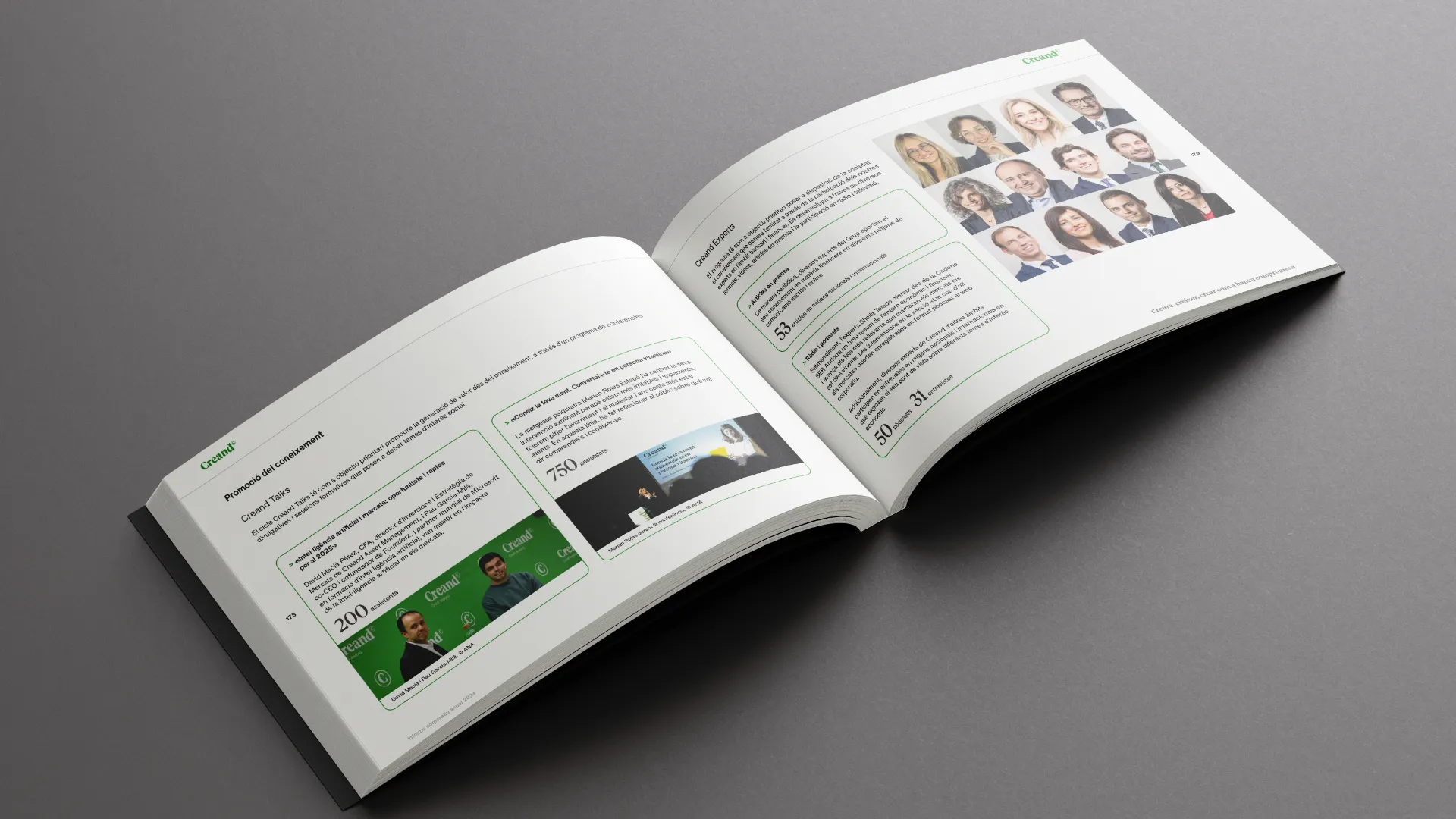 Páginas interiores del informe Creand con retratos del equipo y bloques informativos verdes que destacan las actividades corporativas y conferencias Creand Talks.