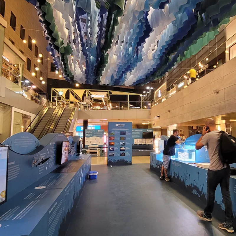 Exposición en centro comercial "La Illa" con techos decorados con telas onduladas en tonos azules y verdes. La muestra incluye paneles informativos y vitrinas interactivas sobre temas marinos. Visitantes observan y fotografían la exposición, que combina educación y estética visual.