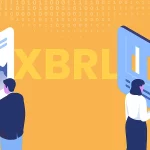 Ilustración conceptual del XBRL en informes de sostenibilidad, con dos personas interactuando con gráficos digitales y datos financieros sobre un fondo amarillo.