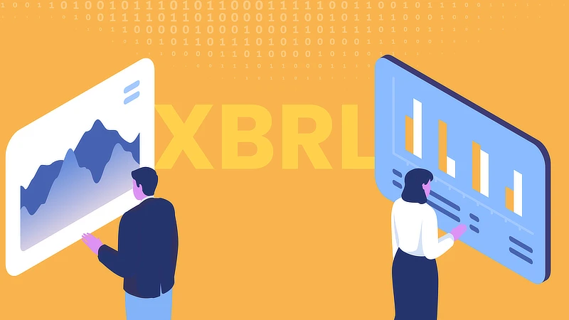 Ilustración conceptual del XBRL en informes de sostenibilidad, con dos personas interactuando con gráficos digitales y datos financieros sobre un fondo amarillo.