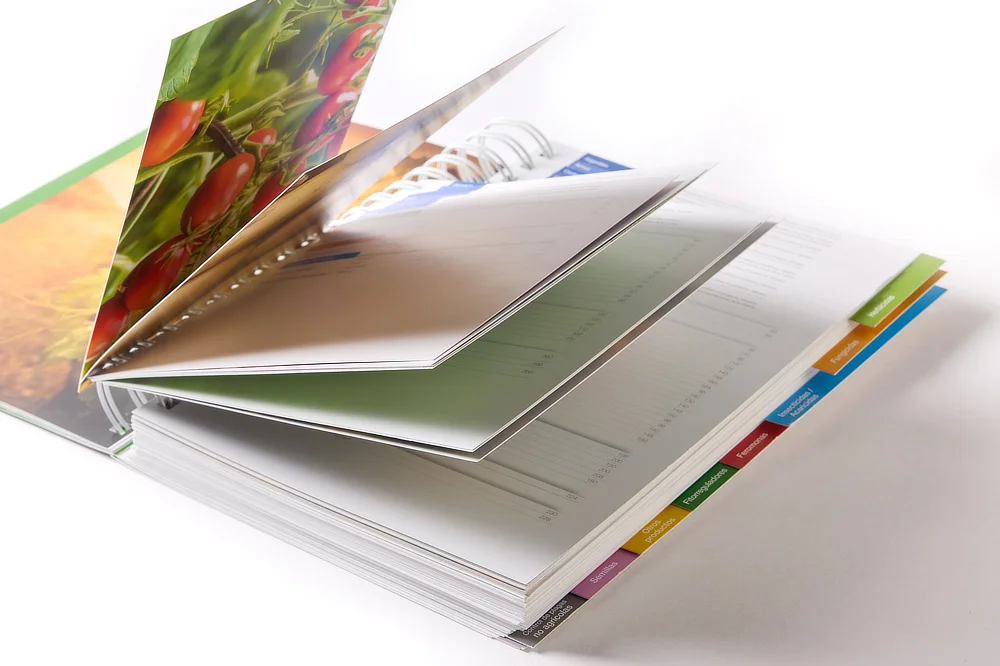 Catálogo de productos BASF con encuadernación de anillas, pestañas de colores para secciones temáticas y páginas ilustradas con imágenes y gráficos técnicos."
