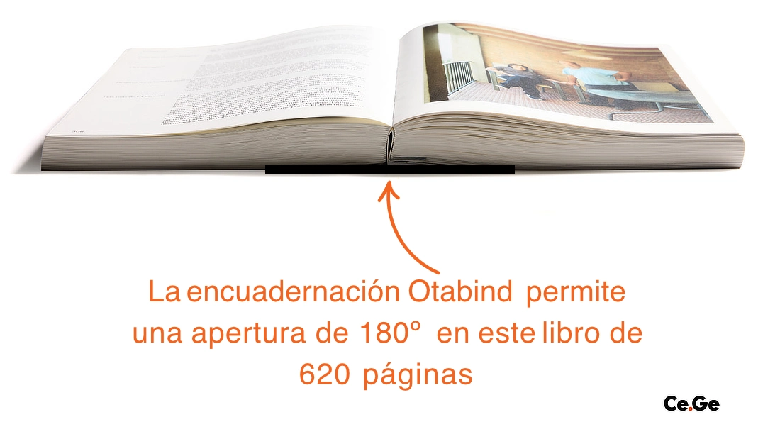 Detalle del lomo con encuadernación Otabind abierta a 180 grados.