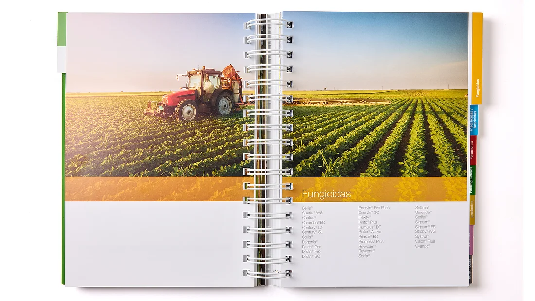 Vue intérieure du catalogue BASF avec image de champ et liste des fongicides, organisé par sections.