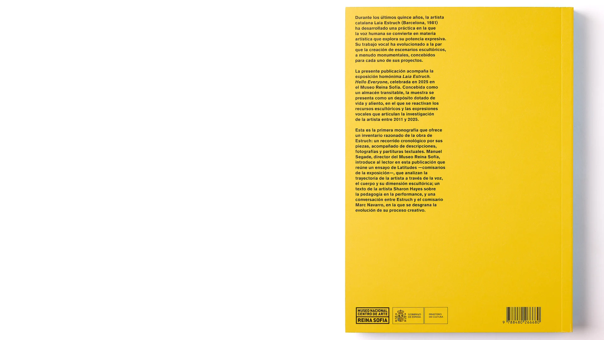 Contraportada amarilla del libro con texto explicativo sobre la exposición y códigos de barras del Museo Reina Sofía y del Ministerio de Cultura.