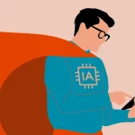 Ilustración de estilo minimalista mostrando a un personaje con capa roja y símbolo de inteligencia artificial en el pecho usando una tableta digital
