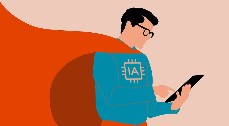Ilustración de estilo minimalista mostrando a un personaje con capa roja y símbolo de inteligencia artificial en el pecho usando una tableta digital