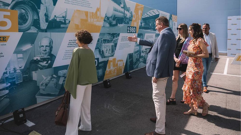 Participants observant une frise historique extérieure retraçant l’évolution de De Rijke de 1945 à 2025.