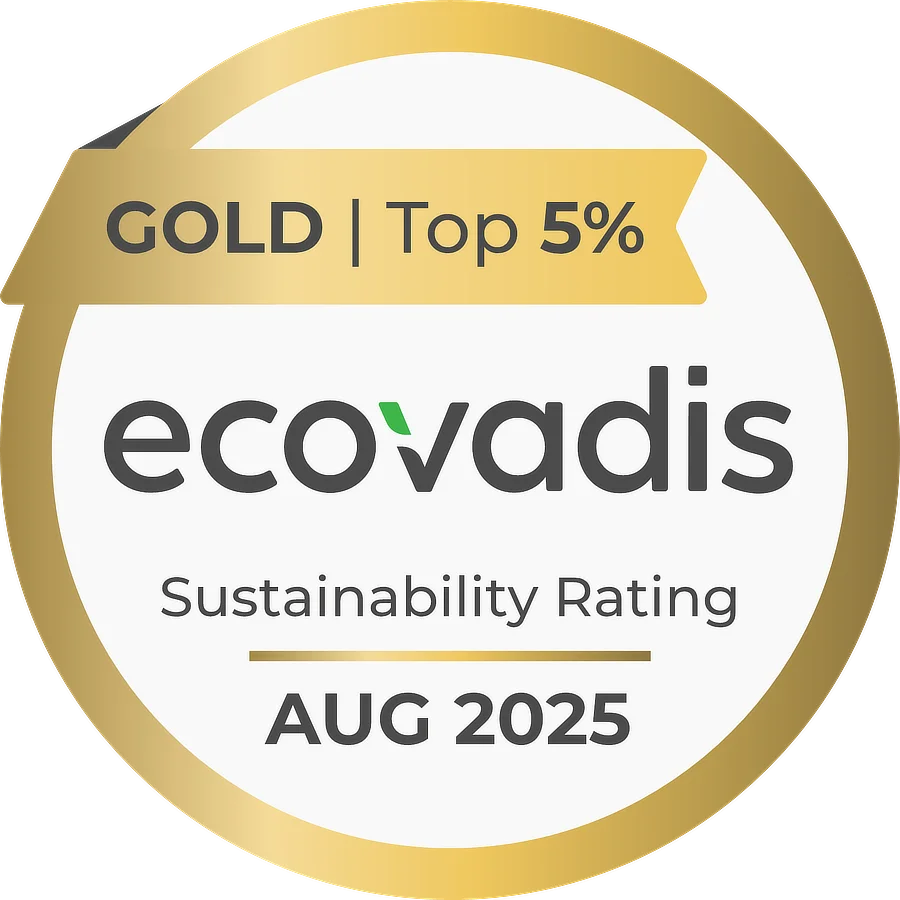Sello de sostenibilidad EcoVadis Gold con fecha de agosto 2025, que reconoce a CeGe entre el 5 % más sostenible del sector