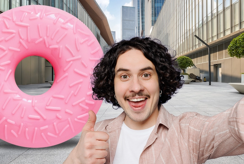 Escultura corpórea de un donut rosa gigante en espacio urbano, con joven haciéndose un selfie delante del elemento de gran formato.