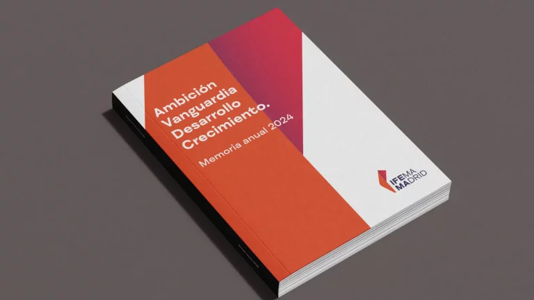 Portada de la memoria anual IFEMA Madrid 2024, con diseño geométrico en rojo y blanco y texto “Ambición, Vanguardia, Desarrollo, Crecimiento”.
