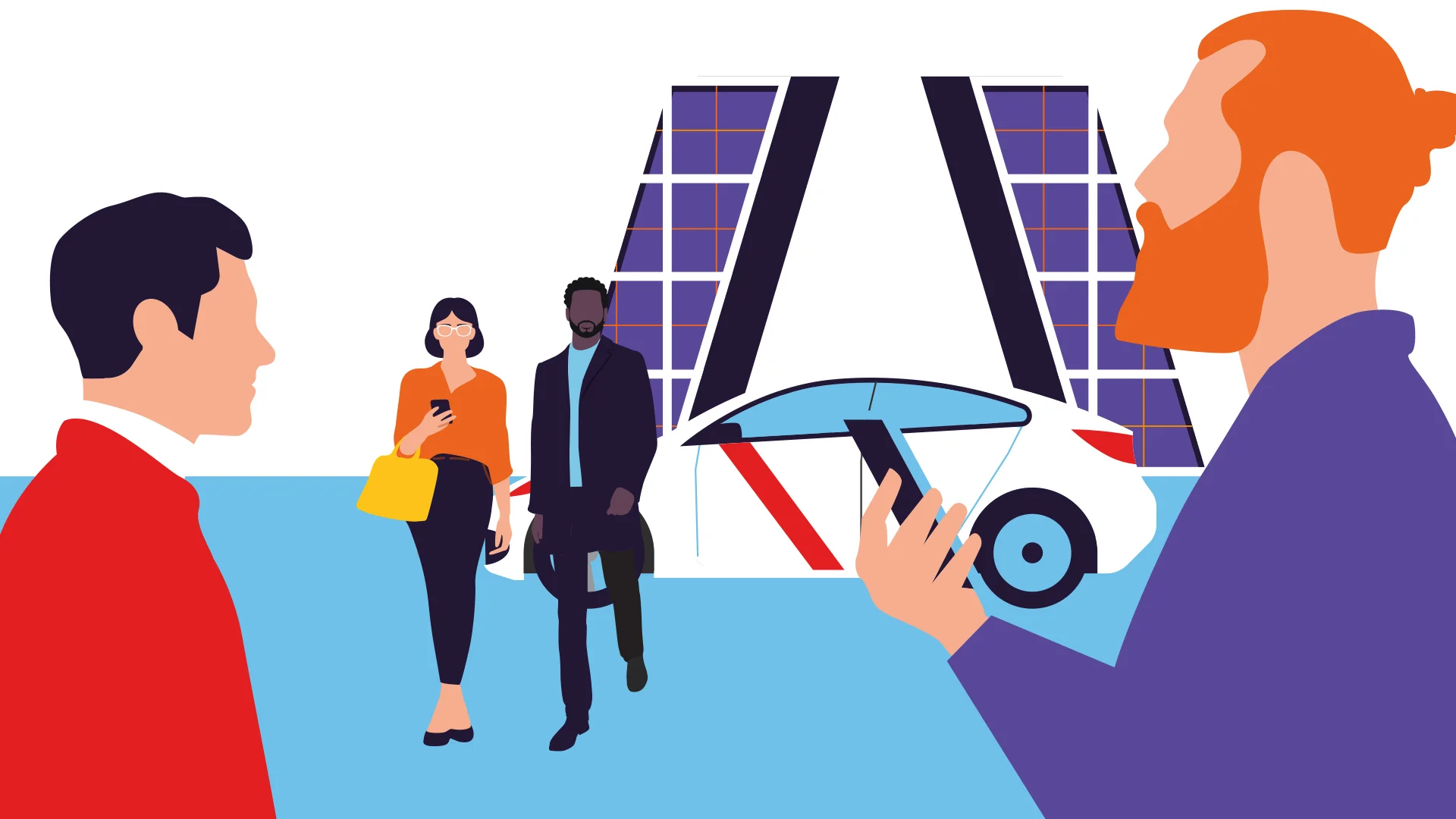 Ilustración de la memoria anual IFEMA Madrid con personas conversando frente a un coche eléctrico y fondo arquitectónico moderno.