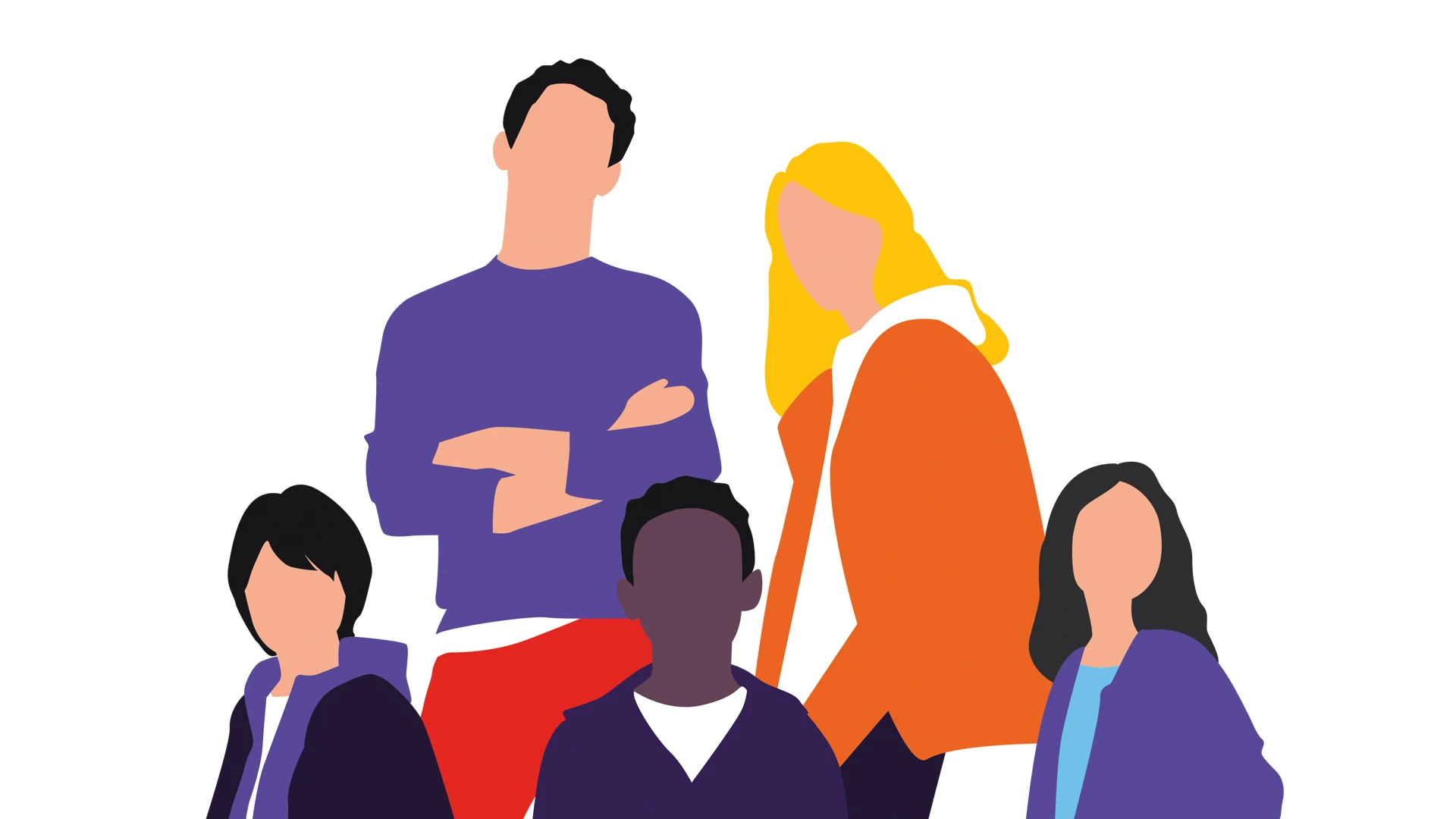 Ilustración de la memoria anual IFEMA Madrid con grupo diverso de personas sobre fondo blanco, símbolo de inclusión y equidad.