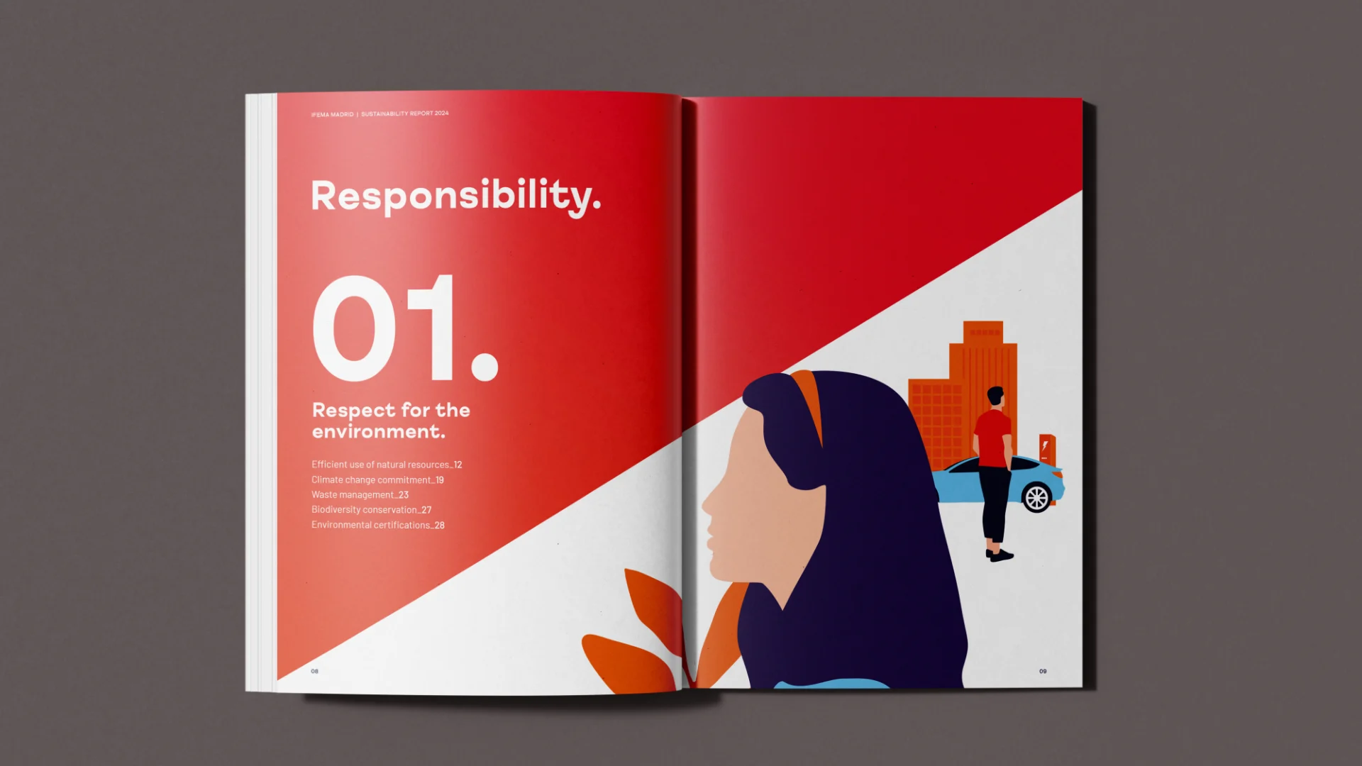 Doble página de la memoria anual IFEMA Madrid con diseño rojo y título “Responsibility”, acompañada de ilustración sobre respeto al medio ambiente.