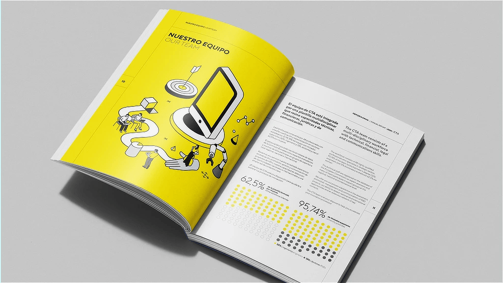 GIF formado por detalle de la memoria anual CTA con portada troquelada, ilustraciones técnicas en amarillo y líneas negras, mostrando parte del interior impreso mediante la apertura del troquel. e imagen de la página digital de la memoria CTA mostrando la carta del presidente, con retrato fotográfico en blanco y negro, fondo amarillo y diseño interactivo accesible en tablet.