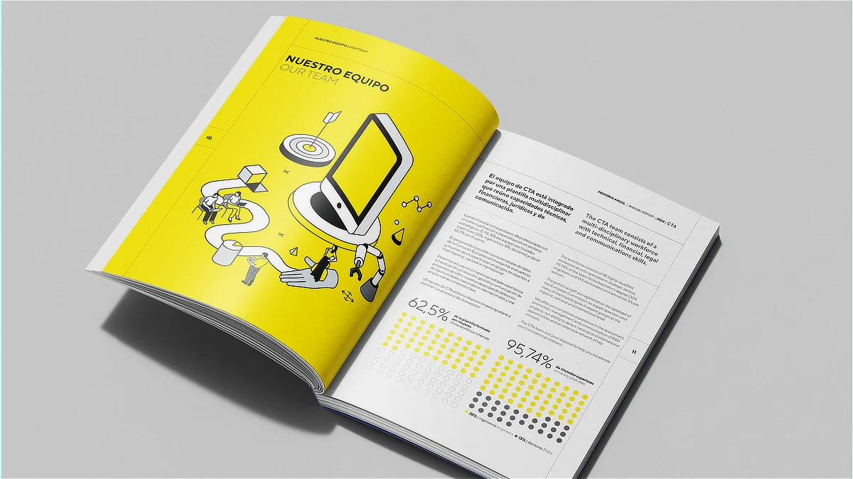 Memoria anual de CTA abierta mostrando páginas interiores con ilustraciones en amarillo, infografías, datos porcentuales y diseño editorial limpio orientado a facilitar la lectura y comprensión visual.
