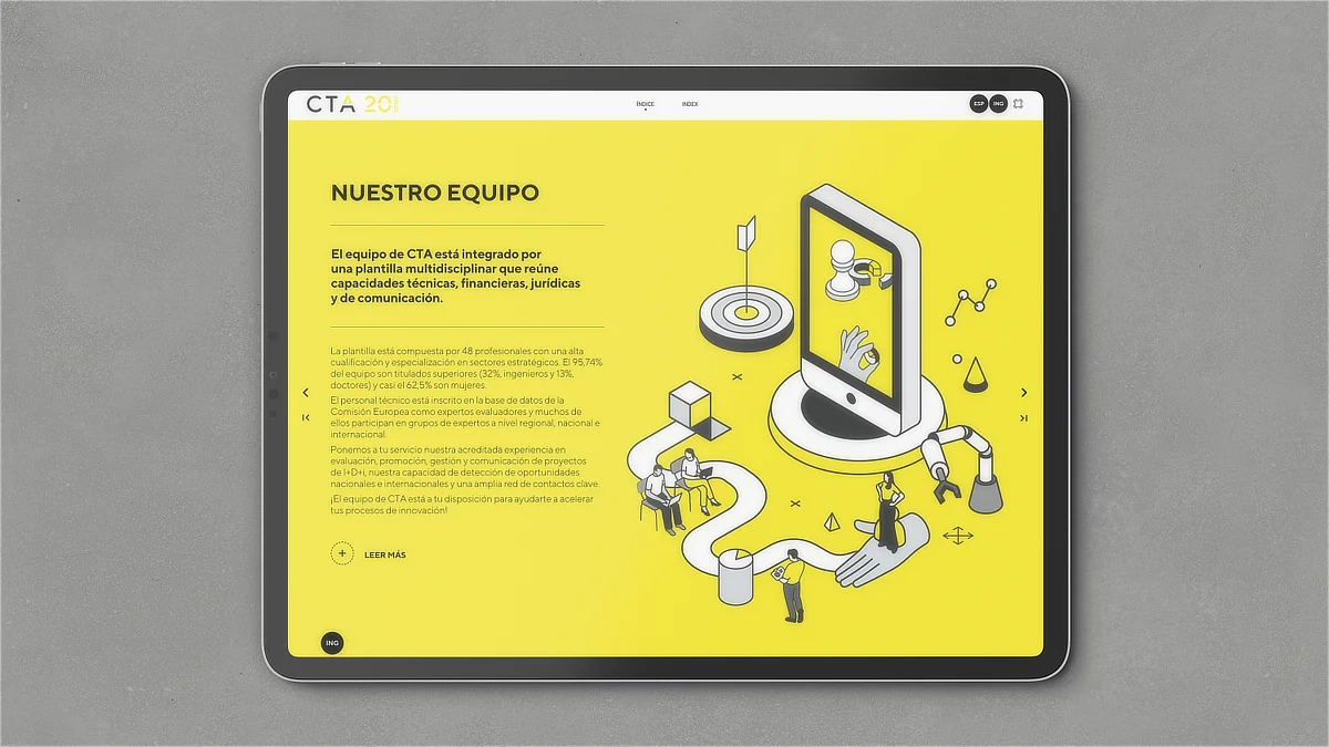 Vista de la versión digital de la memoria CTA en una tablet, con sección “Nuestro equipo”, ilustraciones en amarillo y texto explicativo sobre capacidades técnicas y multidisciplinares.