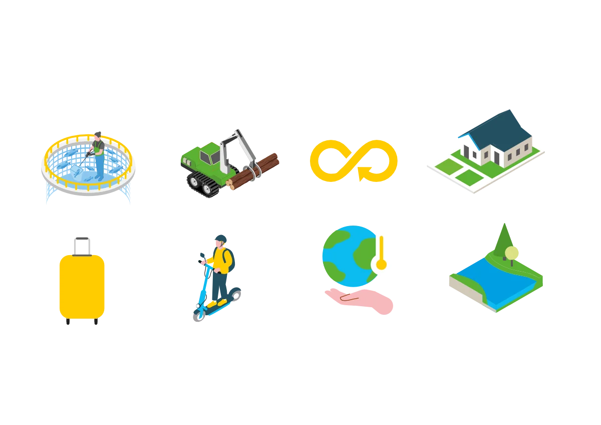 Colección de iconos ilustrados relacionados con la sostenibilidad: energía, economía circular, vivienda eficiente, movilidad, medio ambiente, recursos naturales y actividades productivas verdes.
