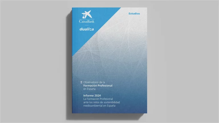 Coberta de l’Informe 2024 de l’Observatori de la Formació Professional de Dualiza, amb disseny en tons blaus, textura orgànica i logotips de CaixaBank i Dualiza.