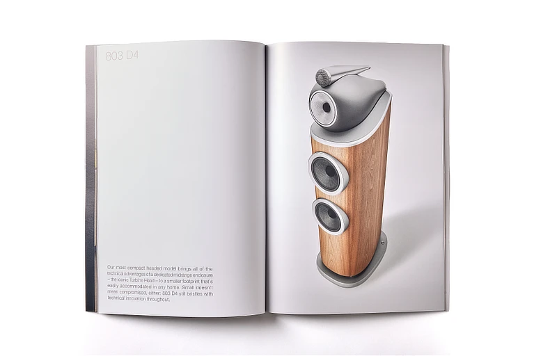 White front cover of the Bowers & Wilkins catalog with the brand logo centered and a high-end minimalist design.