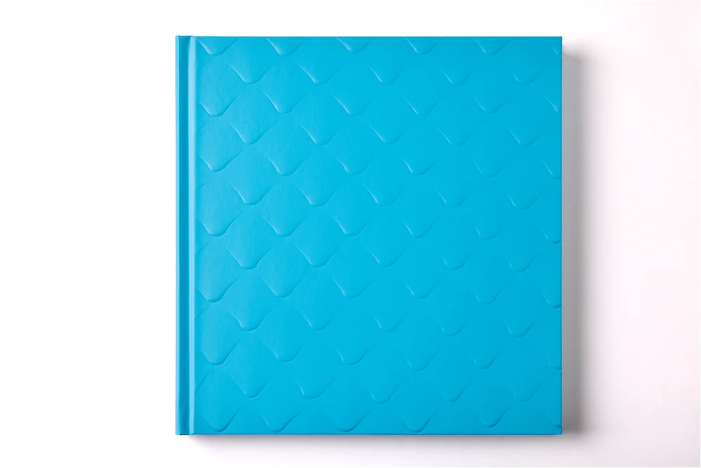 Cubierta frontal del libro de arte Casa Batlló en color azul cian, destacando un relieve en seco tridimensional que imita texturas arquitectónicas orgánicas.