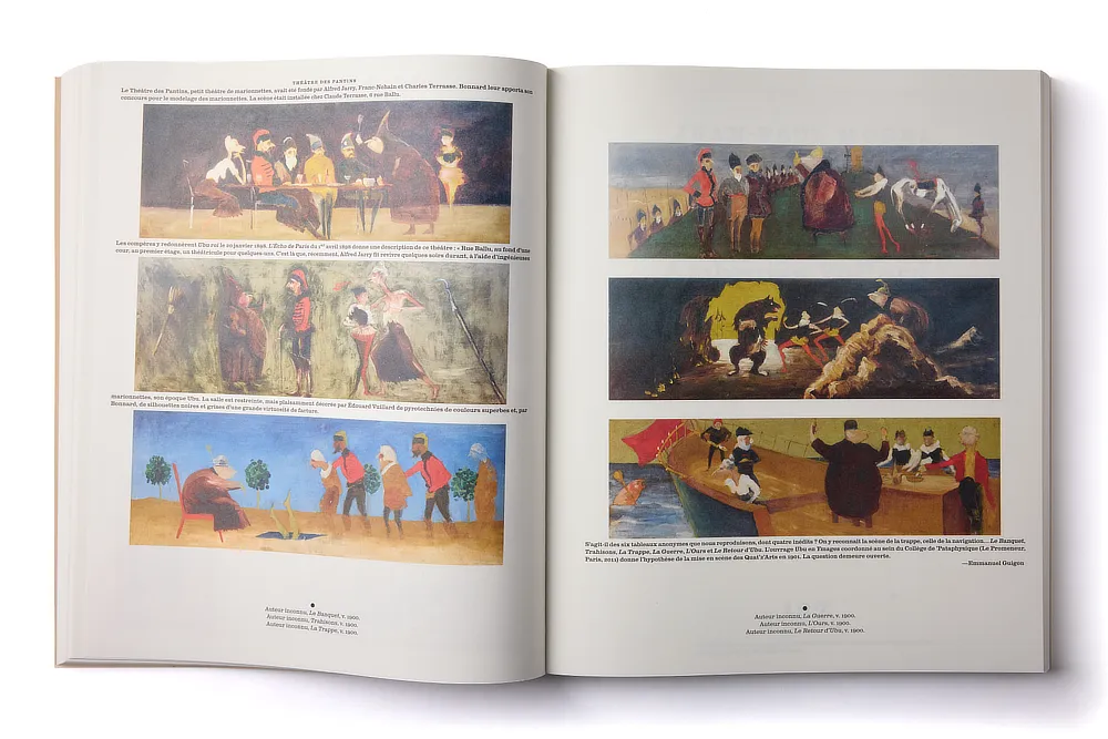 Interior del libro de arte Alfred Jarry con reproducciones de pinturas expresionistas alargadas y textos descriptivos en la parte inferior de la página.