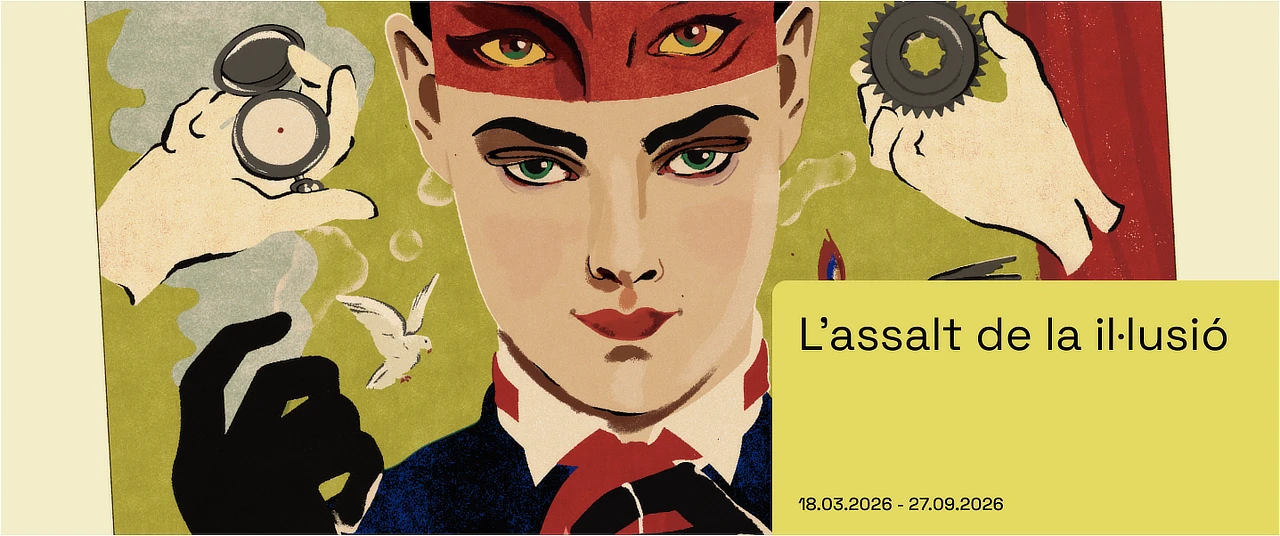 Cartel de la exposición «L’assalt de la il·lusió» con una ilustración de estilo modernista que muestra un rostro con una máscara roja y elementos mecánicos.