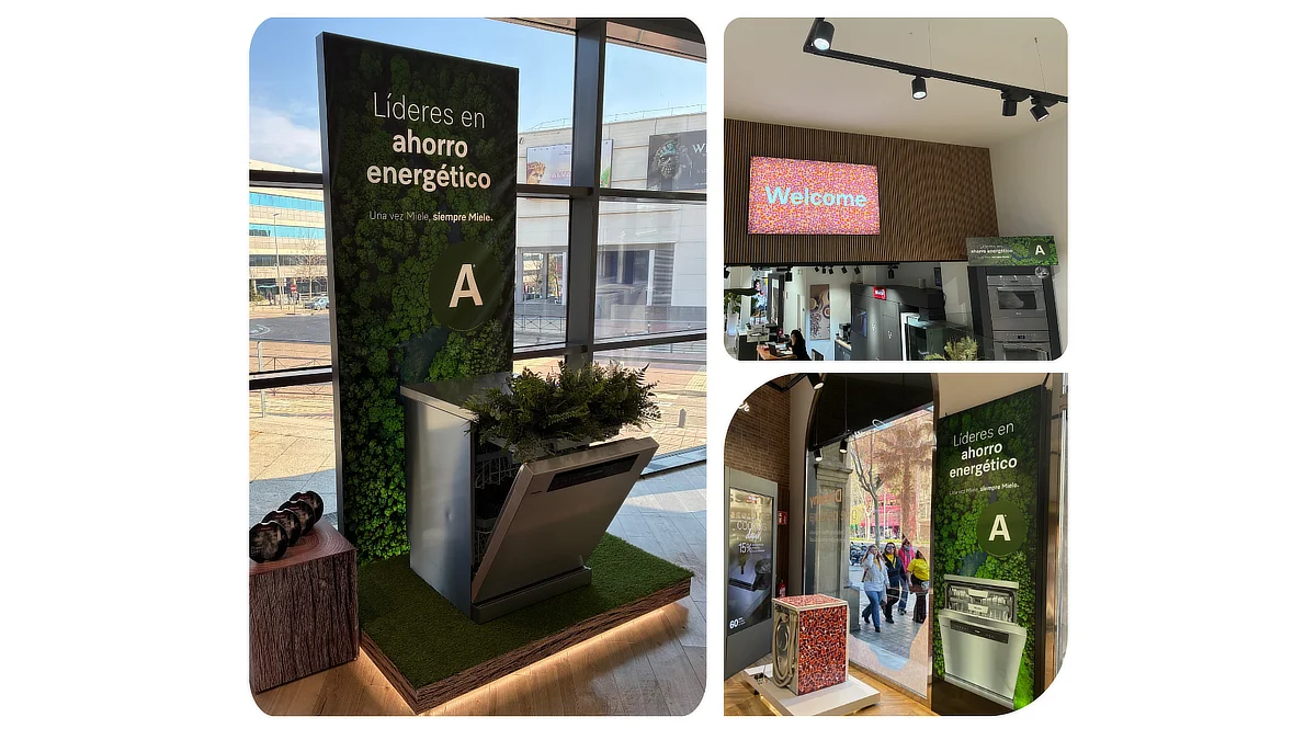 Composición de tres imágenes mostrando la campaña de escaparatismo primavera para Miele con cajas de luz, lavavajillas con decoración vegetal y vinilos.